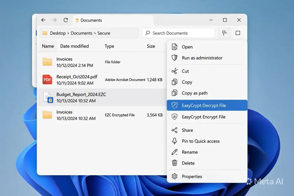 Windows 우클릭 메뉴에서 EasyCrypt 파일 복호화를 선택하는 화면