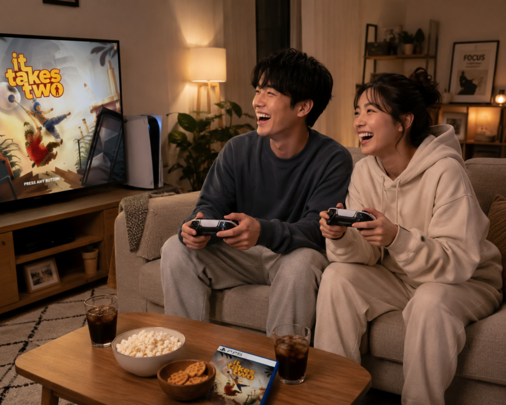거실에서 커플이 소파에 앉아 PS5 컨트롤러로 It Takes Two를 플레이하며 웃고 있는 장면