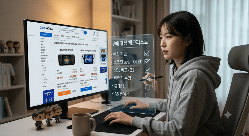 구매 체크리스트를 화면에 띄워두고 항목별로 표시하며 결정하는 사용자 모습
