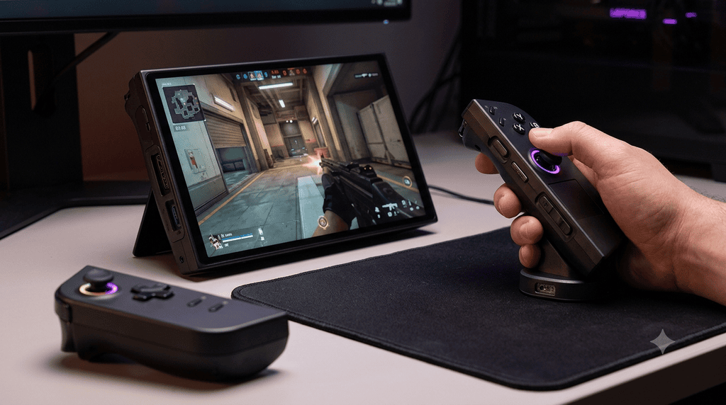 리전고2의 분리형 컨트롤러를 손에서 떼어내 FPS 마우스 모드로 전환하는 장면
