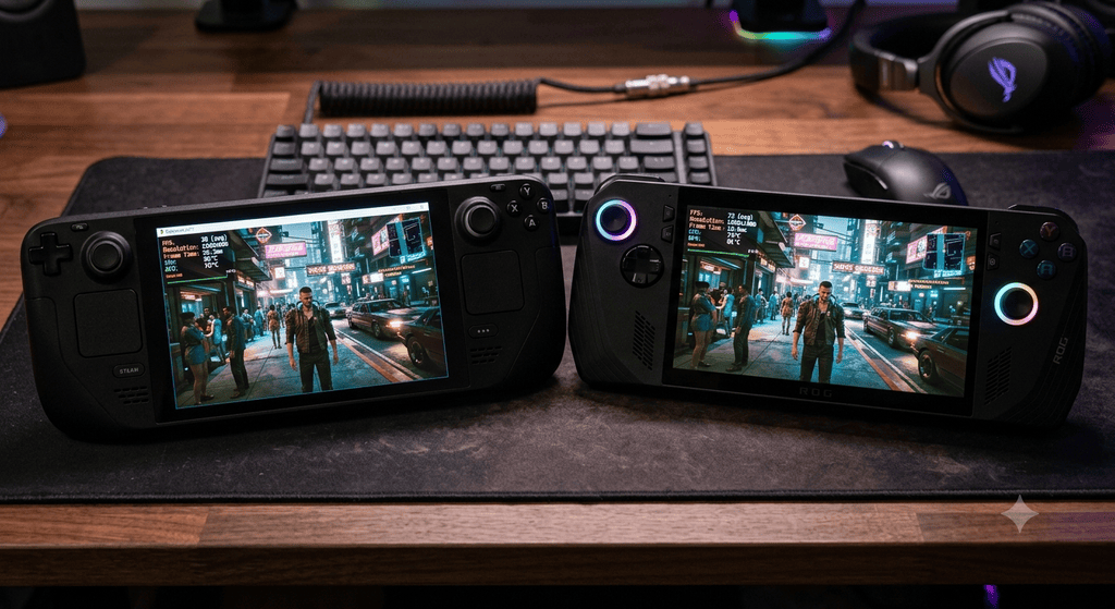 스팀덱과 ROG Xbox Ally X로 동일한 게임을 나란히 실행해 프레임을 비교하는 모습