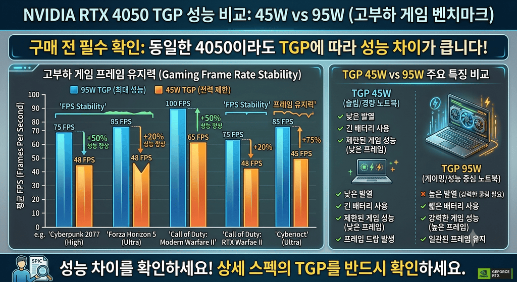 RTX 4050 탑재 노트북에서 TGP 45W와 95W 설정 시 고부하 게임 내 프레임 유지력 차이를 비교하는 벤치마크 차트, 구매 전 TGP 확인 필요성 강조 목적