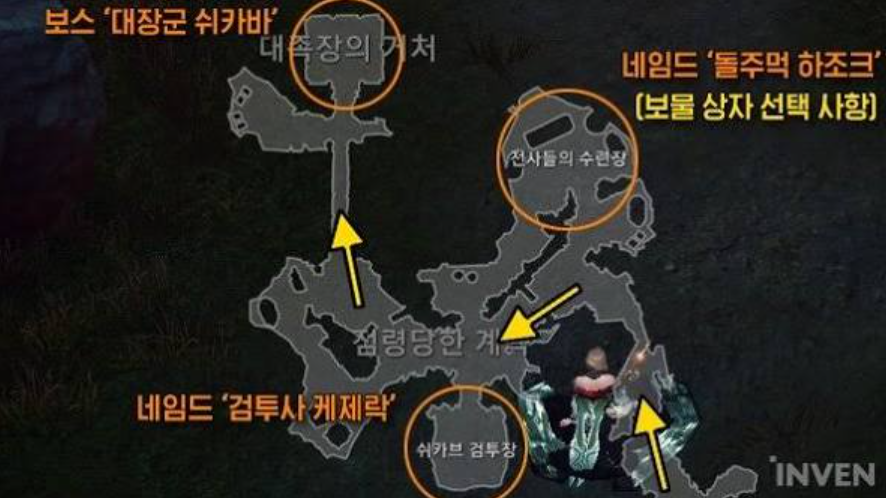 초보자가 던전 입구에서 맵을 열고 보상 위치와 보스 패턴을 확인하는 장면, 첫 클리어 전 동선 파악 목적