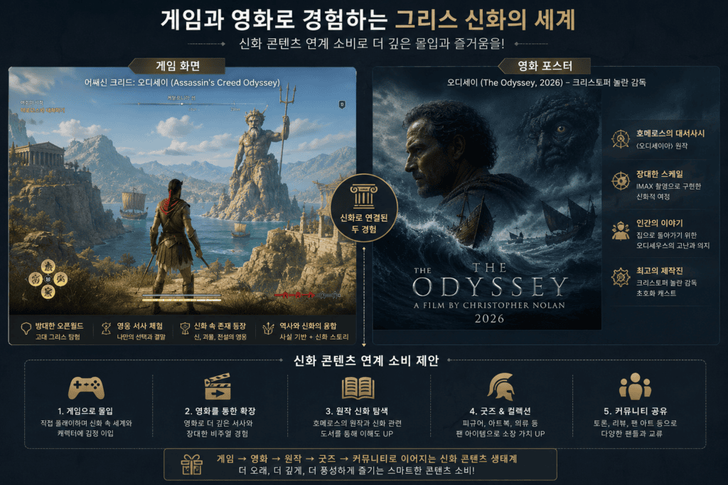 그리스 신화를 소재로 한 게임 화면과 영화 오디세이 포스터를 나란히 배치한 비교 이미지, 신화 콘텐츠 연계 소비 제안 목적