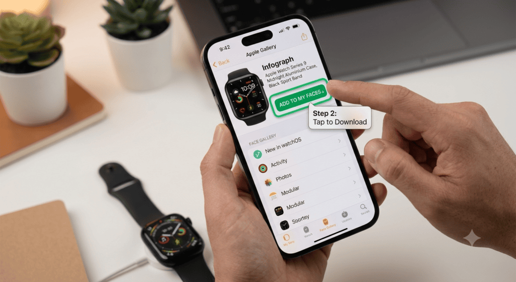 아이폰에서 Watch Faces 앱을 열고 원하는 워치페이스를 선택해 다운로드 버튼을 누르는 화면, 초보자 설치 과정 안내 목적
