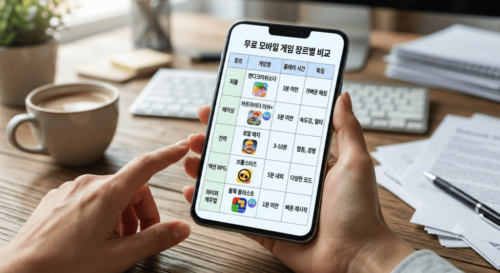 장르별로 무료 게임을 비교하는 표를 핸드폰으로 보는 장면, 책상 위, 빠른 선택 목적