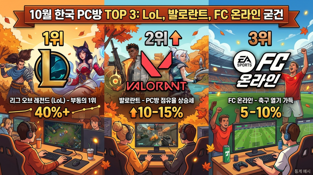 10월 한국 PC방 TOP3는 여전히 LoL, 발로란트, FC 온라인이 굳건하다