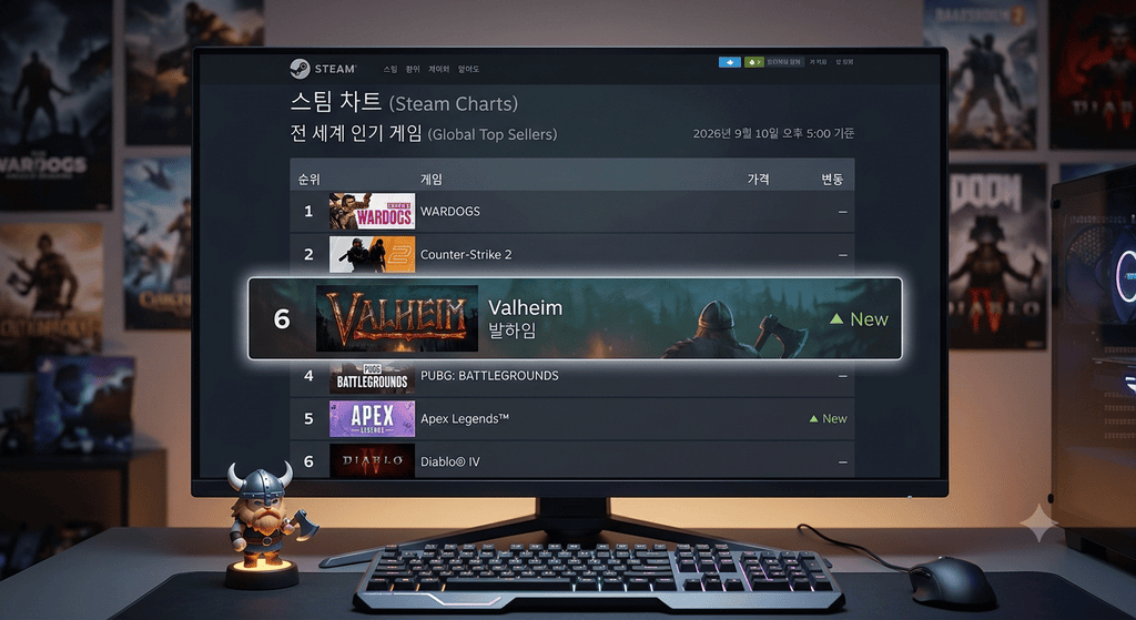 9월 10일 오후 5시 기준 스팀 전 세계 인기 게임 순위표, 발하임이 6위에 오른 모습