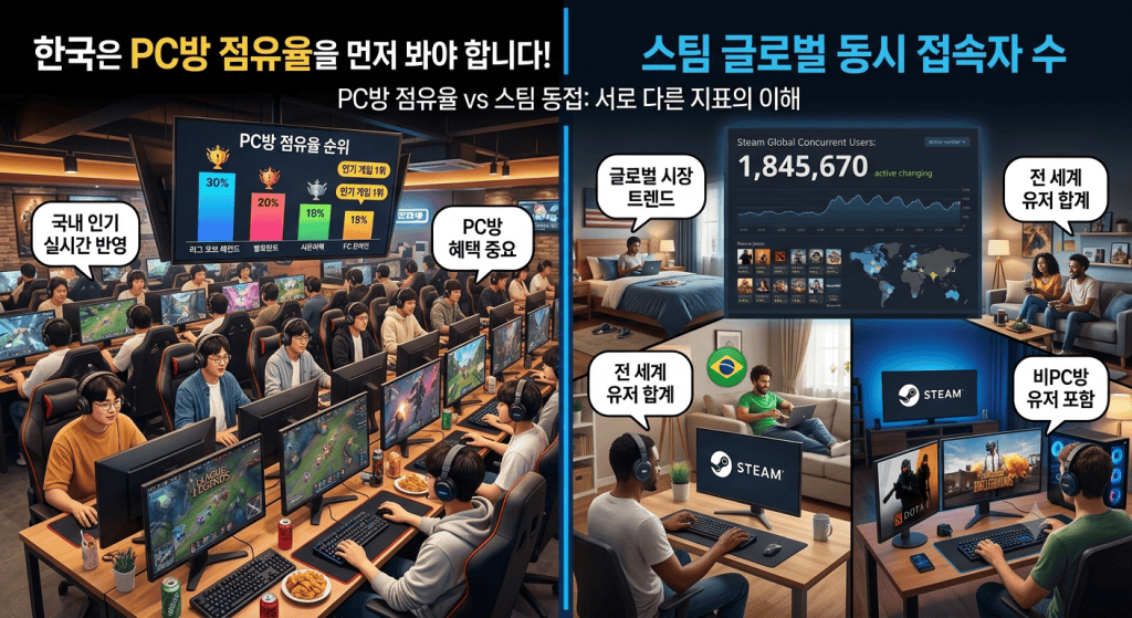 PC방 점유율과 스팀 동접은 다른 지표다. 한국은 PC방을 먼저 봐야 한다