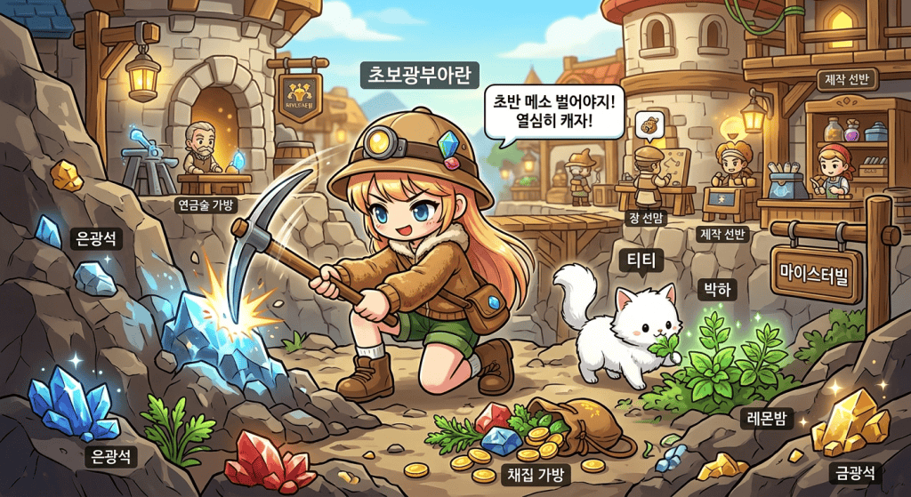 마이스터빌에서 캐릭터가 광물을 캐고 약초를 채집하는 장면, 초반 자금 마련을 위한 목적