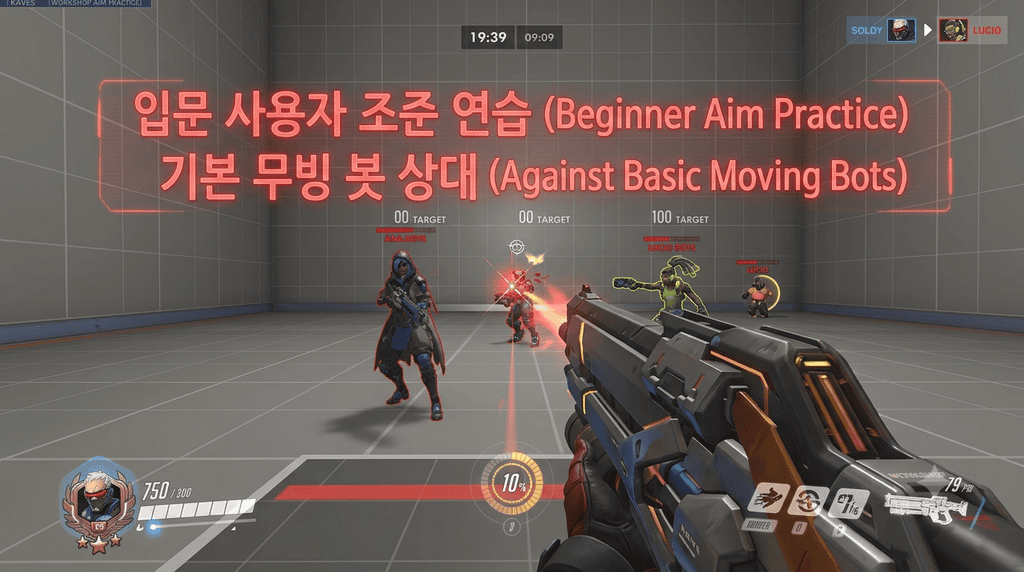 초보 유저가 KAVE5 워크샵에서 기본 무빙 봇을 상대로 조준 연습을 하는 장면, 입문 단계 연습 목적을 보여주기 위함