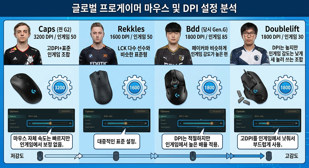 해외 프로게이머들이 사용하는 마우스와 DPI 설정 화면을 보여주는 장면
