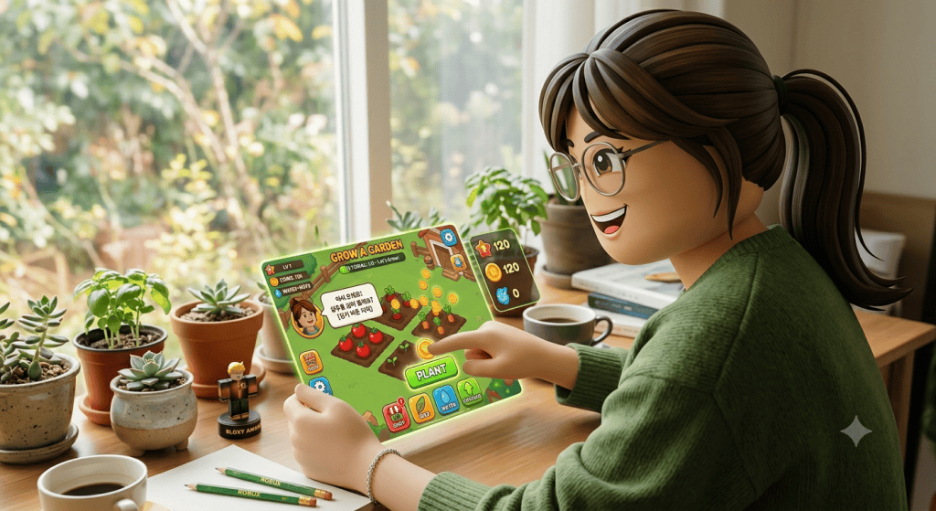 초보자가 Grow a Garden에서 농장을 가꾸며 튜토리얼을 진행하는 모습