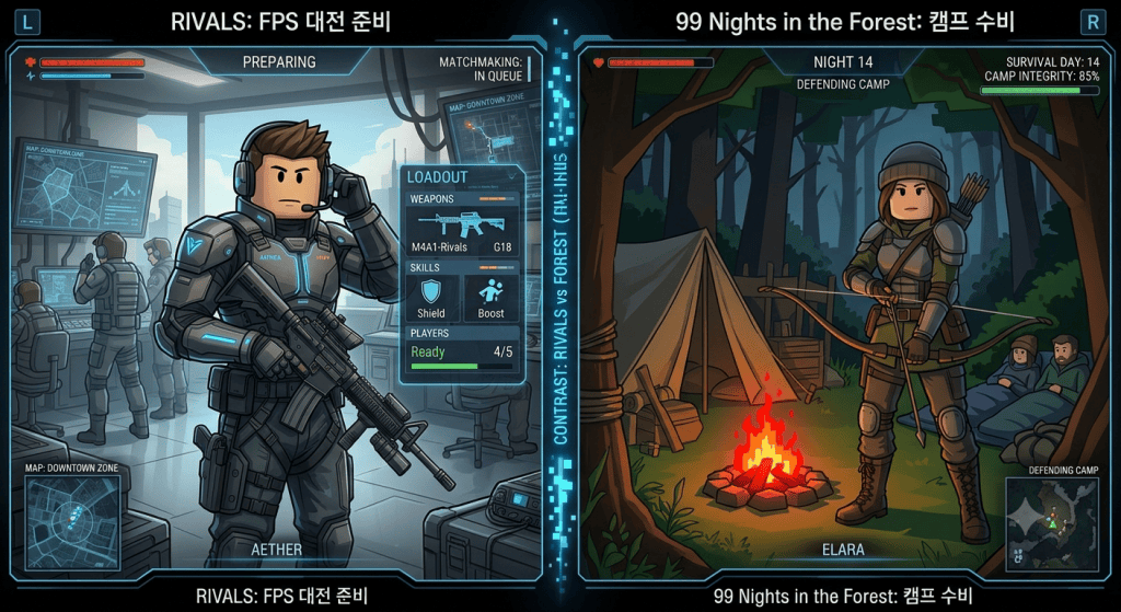 RIVALS에서 FPS 대전을 준비하는 장면과 99 Nights in the Forest에서 캠프를 지키는 장면 비교